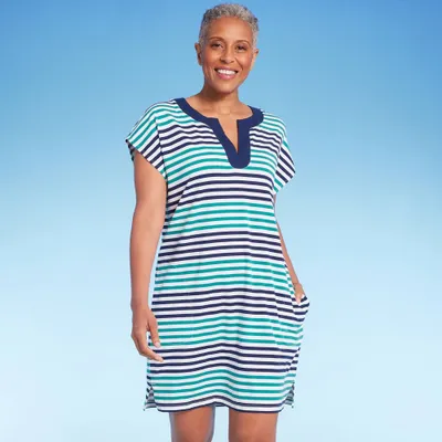 Lands End Womens Striped Cap Sleeve Swimsuit Cover Up