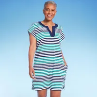 Lands End Womens Striped Cap Sleeve Swimsuit Cover Up