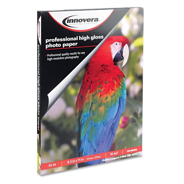 Innovera 8.5 x 11 High-Gloss Photo Paper (50 Sheets/Pack): White, 100 Brightness, Glossy Coating, 15 lb, Letter Size