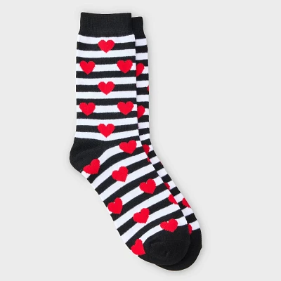 Women Stripe & Heart Valentine Day Crew Sock - Black/White/Red 4-10