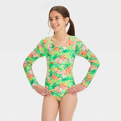 Girls Summer Tropics Floral Printed One Piece Rash Guard Swimsuit