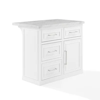 Crosley Cutler Faux Marble Top Kitchen Island White/White Marble: Traditional Style Cart with Adjustable Shelves, Storage