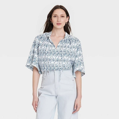 Womens Flowy Elbow Sleeve Popover Blouse