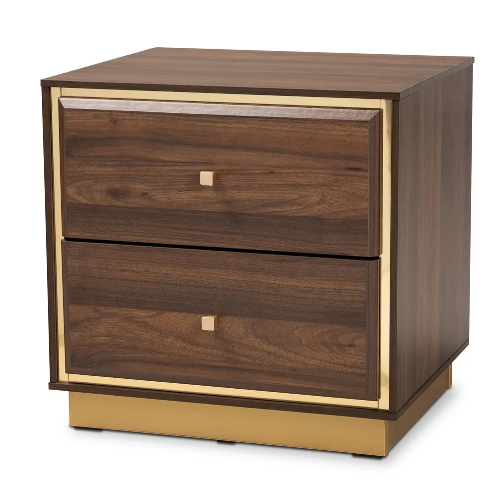 Cormac Wood & Metal Nightstand: Tapered Knobs, Storage, Walnut/Gold - Baxton Studio