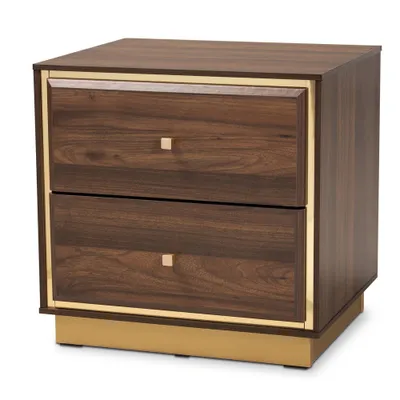 Cormac Wood & Metal Nightstand: Tapered Knobs, Storage, Walnut/Gold - Baxton Studio