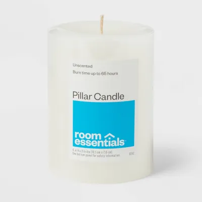 3 x 4 Unscented Candle White - Room Essentials: Paraffin Wax, 65hr Burn Time, Single Wick Pillar