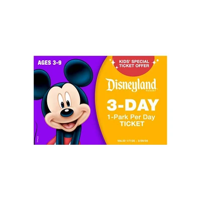 DISNEYLAND 3 DAY 1 PARK PER DAY SPECIAL KIDS TICKET AGES 3-9 $150