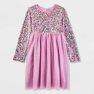 Girls Adaptive Long Sleeve Sequin to Tulle Dress