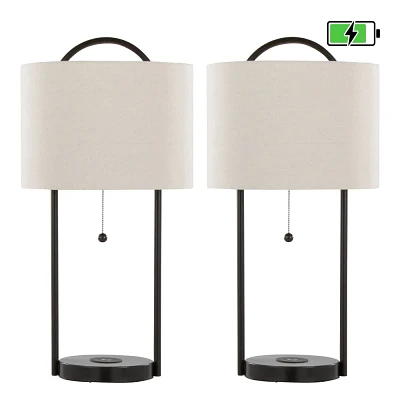 LumiSource (Set of 2) Porto 28 Contemporary Table Lamps with Wireless Charging Oil Bronze and Natural Linen Shade