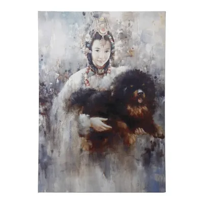 20x28 Tibetan Lady and Tibetan Mastiff Wall Art - A&B Home: Polyester Canvas, Wood Composite Frame, Sawtooth Back Mount