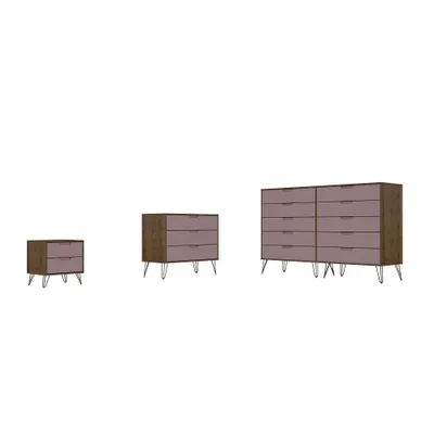 Rockefeller 10 Drawer Dresser, 3 Drawer Dresser and 2 Drawer Nightstand Set  - Manhattan Comfort: Queen Bedroom Furniture Ensemble