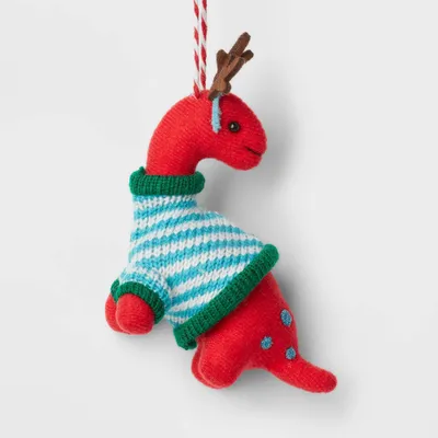 Fabric Brontosaurus with Antlers and Striped Sweater Christmas Tree Ornament Red/Blue - Wondershop: Dino Decoration