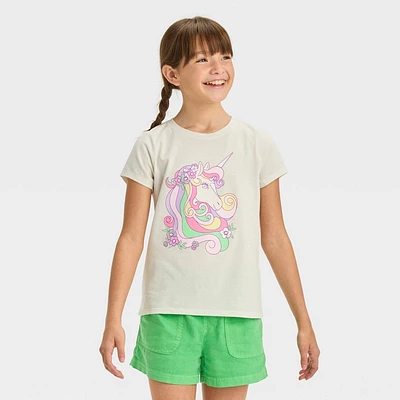 Girls Short Sleeve Flower Crown Unicorn Graphic T-Shirt