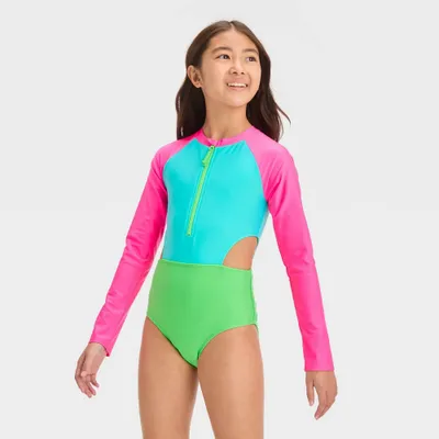 Girls Solid One Piece Swimsuit