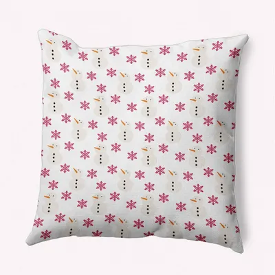 16x16 Snowmen in Snowstorm Square Throw Pillow Vibrant Pink - e by design: Indoor Polyester Twill, Winter Theme Decor