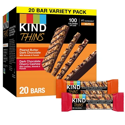 KIND Thins Peanut Butter Dark Chocolate & Dark Chocolate Cherry Cashew Bars Variety Pack  20ct