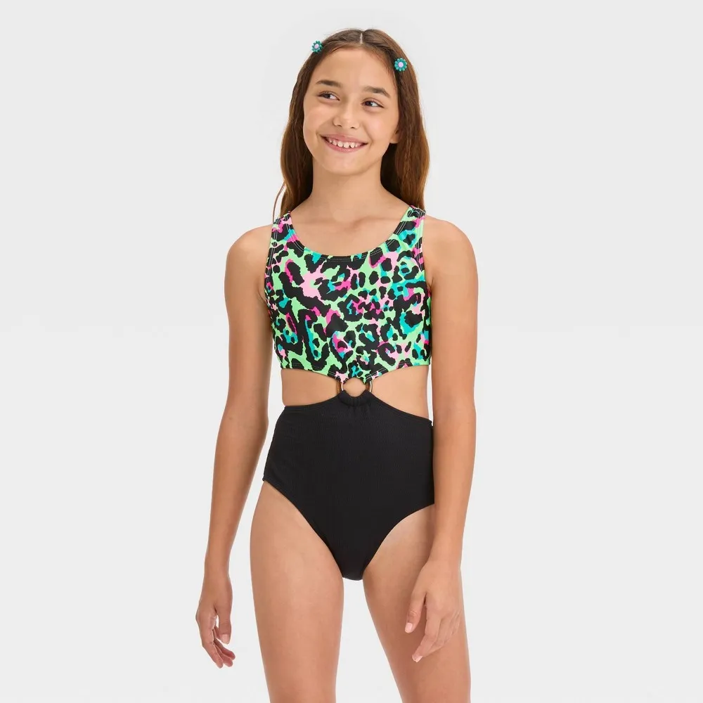 Girl Wild Cat Cheetah Printed One Piece Swimuit