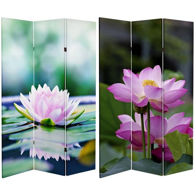 6 Double Sided Lotus Blossom Canvas Room Divider Green - Oriental Furniture: Adjustable 3-Panel Privacy Screen, Spruce Wood Frame