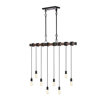 JONATHAN Y Rhys 40 8-Light Driftwood Iron LED Linear Chandelier with Height Adjustable Bulbs: ETL Listed, Rustic Style, No Shade