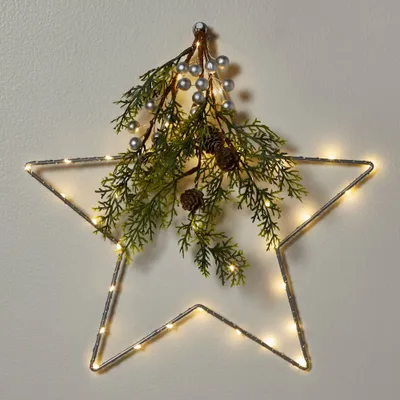 Lit LED Hanging Star with Christmas Greenery Silver - Wondershop: 14-Inch, Battery Operated, Indoor/Sheltered Outdoor Use