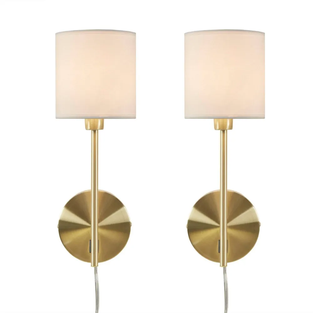 2pc Conway Metal Wall Sconces with Cylinder Shade Gold - Hampton Hill: Elegant Brass Finish, Cream Fabric Shades, 14.25 Height