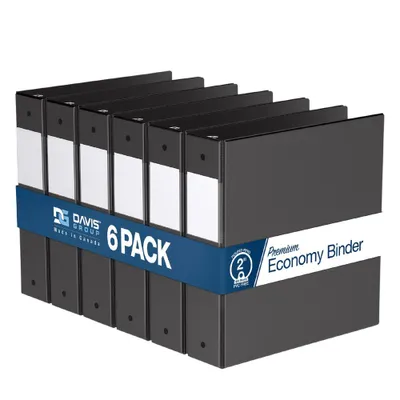 Davis Group 6pk 2 Premium Economy Round Ring Binders Black: Hard Cover, 400 Sheet Capacity, 2 Pockets, Polypropylene