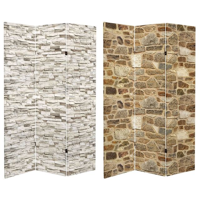 6 Double Sided Stone Wall Canvas Room Divider Gray - Oriental Furniture: Privacy Screen, No Assembly Required