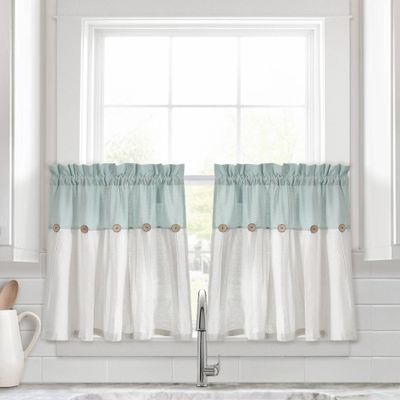 Set of 2 (24x29) Farmhouse Linen Button Kitchen Curtain Tiers Blue/White - Lush Dcor