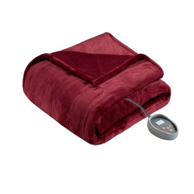 Beautyrest Twin Electric Heated Microlight to Berber Bed Blanket Red:Plush Polyester, Machine Washable