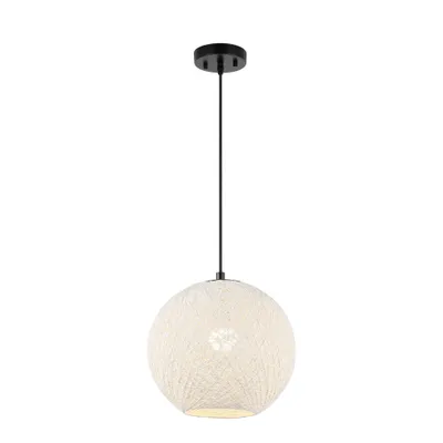 12 Lacey Bohemian Minimalist Iron/Rope Woven Globe LED Pendant White/Black - JONATHAN Y