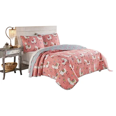 2pc Twin XL Llama Drama Reversible Quilt Set Coral/Blue - Vue: Cotton Coverlet with Animal Icon Pattern