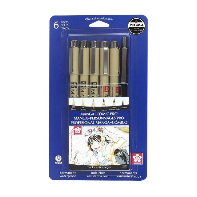 6pc Manga Comic Pro Drawing Set - Black Pigma Micron: Fine Point 0.5mm Porous Pens, Black Ink, 6 Pack