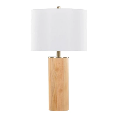 LumiSource Cylinder Ash 27 Contemporary Wood Table Lamp Ash Wood, Antique Brass, and White Linen