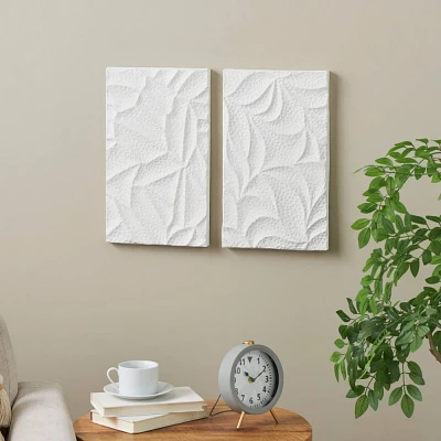 Olivia & May Set of 2 Metal Leaf Embossed Wall Decors White: Iron Nature-Inspired Vertical Artpc