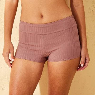 Womens Ribbed Mid-Rise Swim Shorts