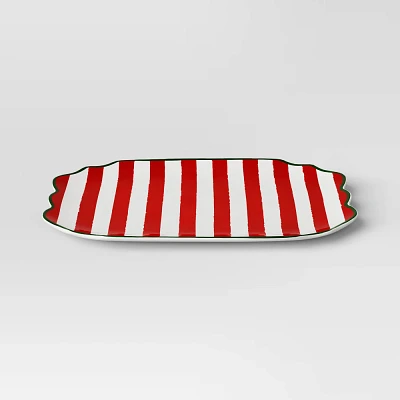 13 Stoneware Striped Serving Platter Red - Threshold