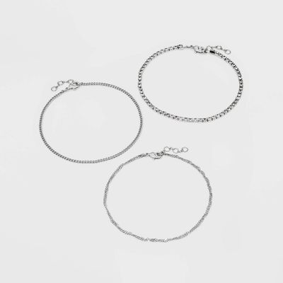 9 Twisted Curb Stone Anklet Set 3pc - A New Day Dark Silver