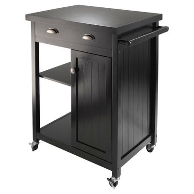 Winsome Timber Kitchen Cart with Wainscoting Panel Wood/Black: Rolling Island, 5 Shelves, 1 Drawer, Storage