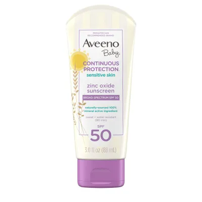 Aveeno Baby Continuous Protection Sensitive Skin Lotion Zinc Oxide Sunscreen, Broad Spectrum SPF 50 - 3 fl oz