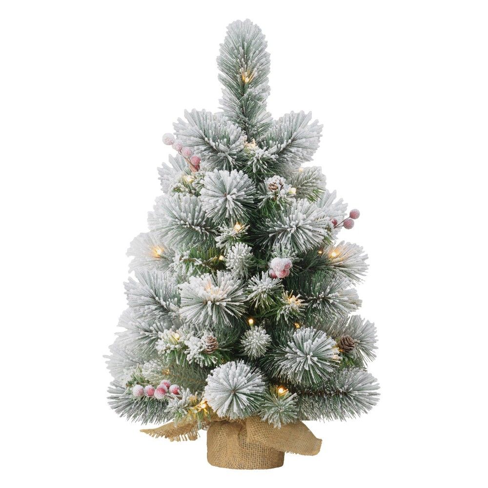 2ft Puleo Pre-Lit Flocked Tabletop Artificial Christmas Tree with Pine Cones Clear Lights: LED, Battery Operated