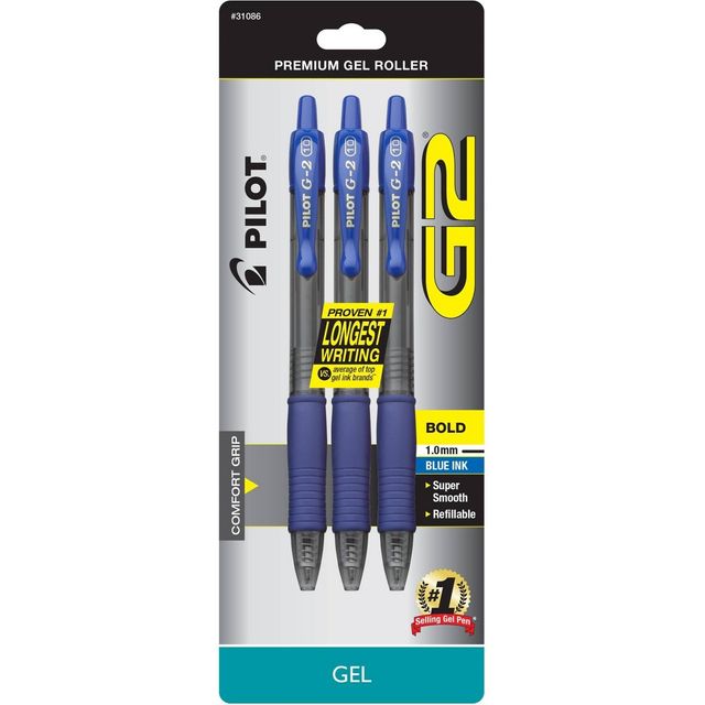 Pilot 3ct G2 Gel Pens Bold Point 1.0mm Blue Ink: Retractable, Rubber Grip, Office Stationery, Includes Gel Pens