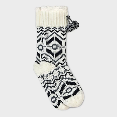 Women Nordic Pattern Knit Faux Shearling Lined Slipper Sock with Pom & Gripper - Ivory/Black 4-10