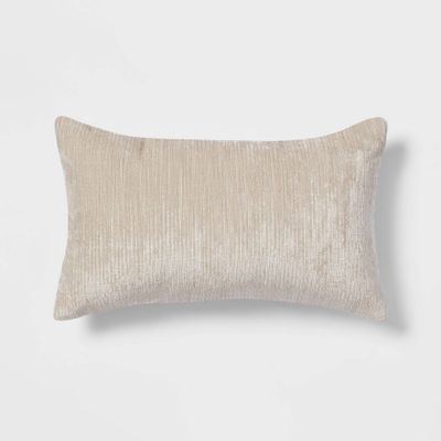 Velvet Rib Textured Lumbar Throw Pillow Neutral - Threshold: Indoor Decorative Rectangle Cushion