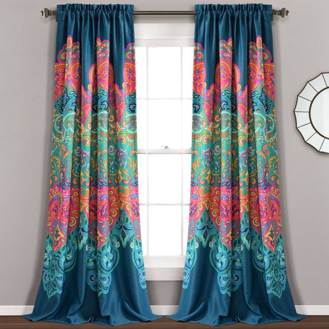 Set of 2 Boho Chic Light Filtering Window Curtain Panels Turquoise/Navy