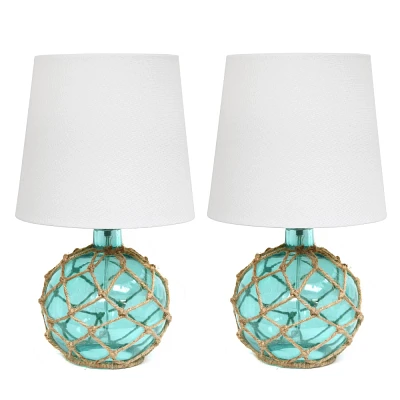 Elegant Designs (Set of 2) 14.75 Buoy Rope Nautical Netted Coastal Ocean Sea Glass Table Lamps Aqua with White Fabric Shades