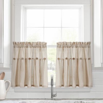 Set of 2 (24x29) Farmhouse Linen Button Kitchen Curtain Tiers Dark Beige - Lush Dcor