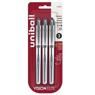 uniball Vision Elite Black Rollerball Pens 3ct Capped 0.8mm Bold Pen: Fade & Water-Resistant, Pocket Clip, Stationery