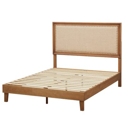 Queen Shaye Upholstered & Rustic Wood Platform Bed - Buylateral: Nailhead, Pine Frame