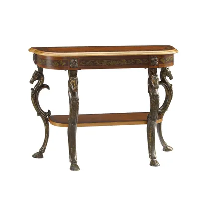 42 Wyatt Traditional Demi Lune Console Table Iron Horse Detail  - Powell: Warm  Finish, Lower Shelf Storage