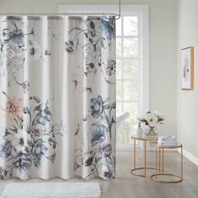 Maddy Printed Cotton Shower Curtain Blue - Madison Park: Botanical Percale, Machine Washable, STANDARD 100 by OEKO-TEX